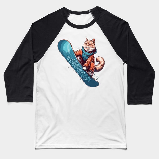 Maine Coon Cat Snowboarder Baseball T-Shirt by TomFrontierArt